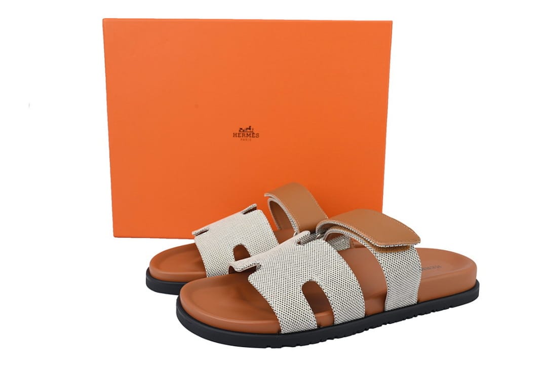Hermes Slipper Strap Slippers Grey Coffee Color