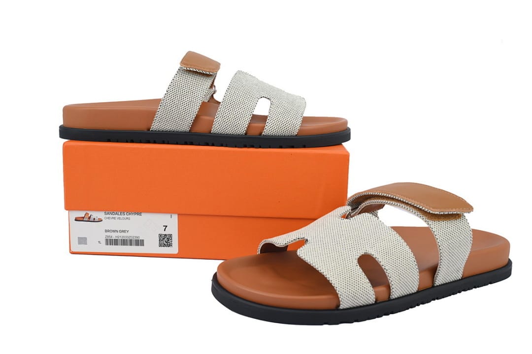 Hermes Slipper Strap Slippers Grey Coffee Color