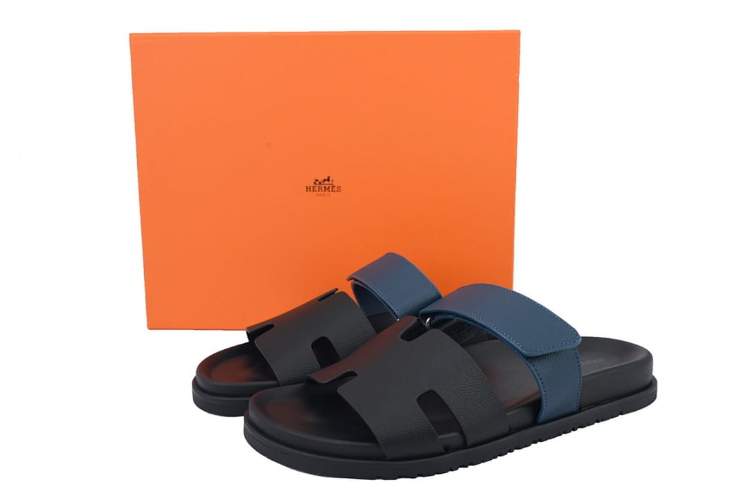 Hermes Slipper Strap Slippers Black Blue