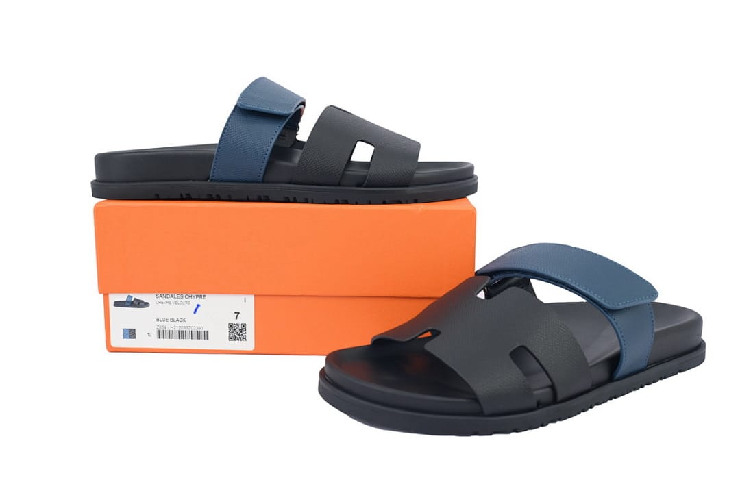 Hermes Slipper Strap Slippers Black Blue