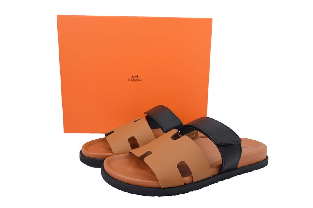 Hermes Slipper Strap Slippers Khaki Black