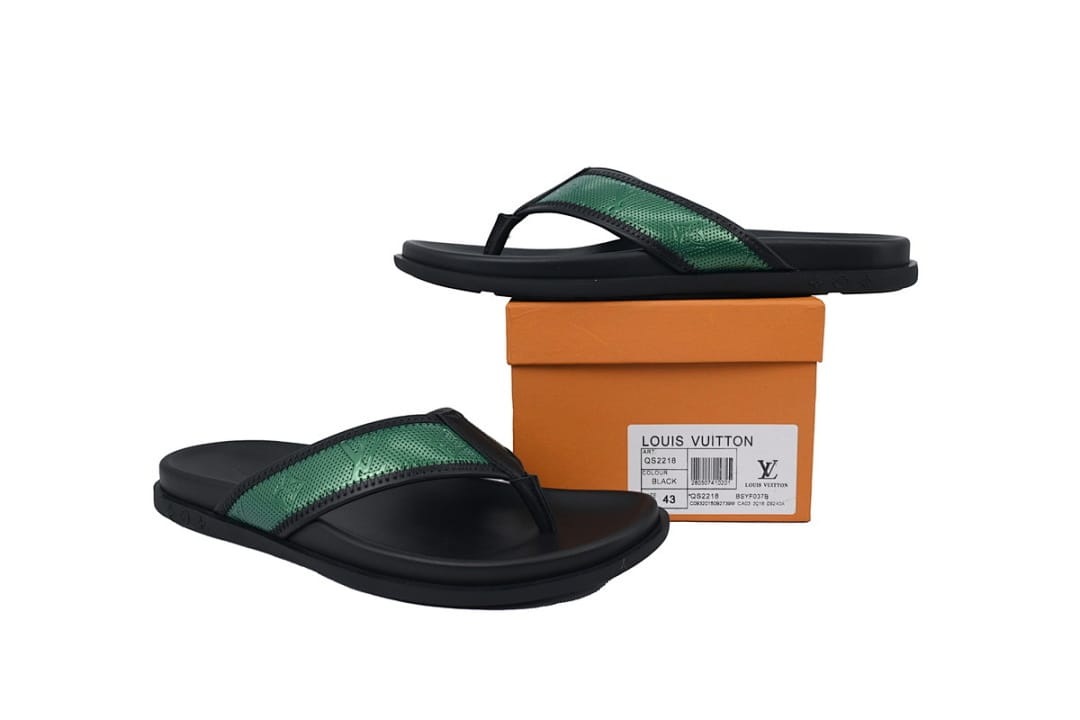 Louis Vuitton LV Slipper Flip Flops Net Surface Black Green