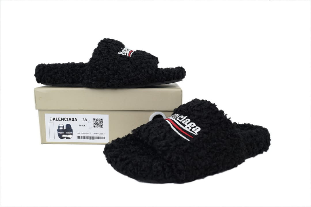 Balenciaga Wool Strap Slippers Black Coke Label