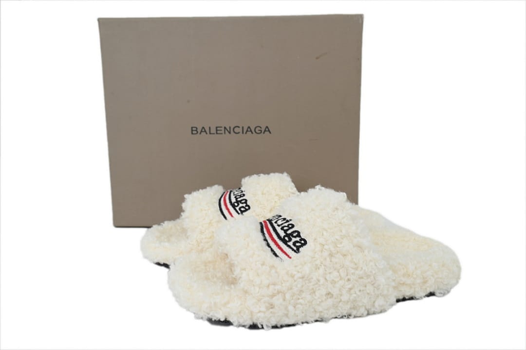 Balenciaga Wool Strap Slippers White Coke Label
