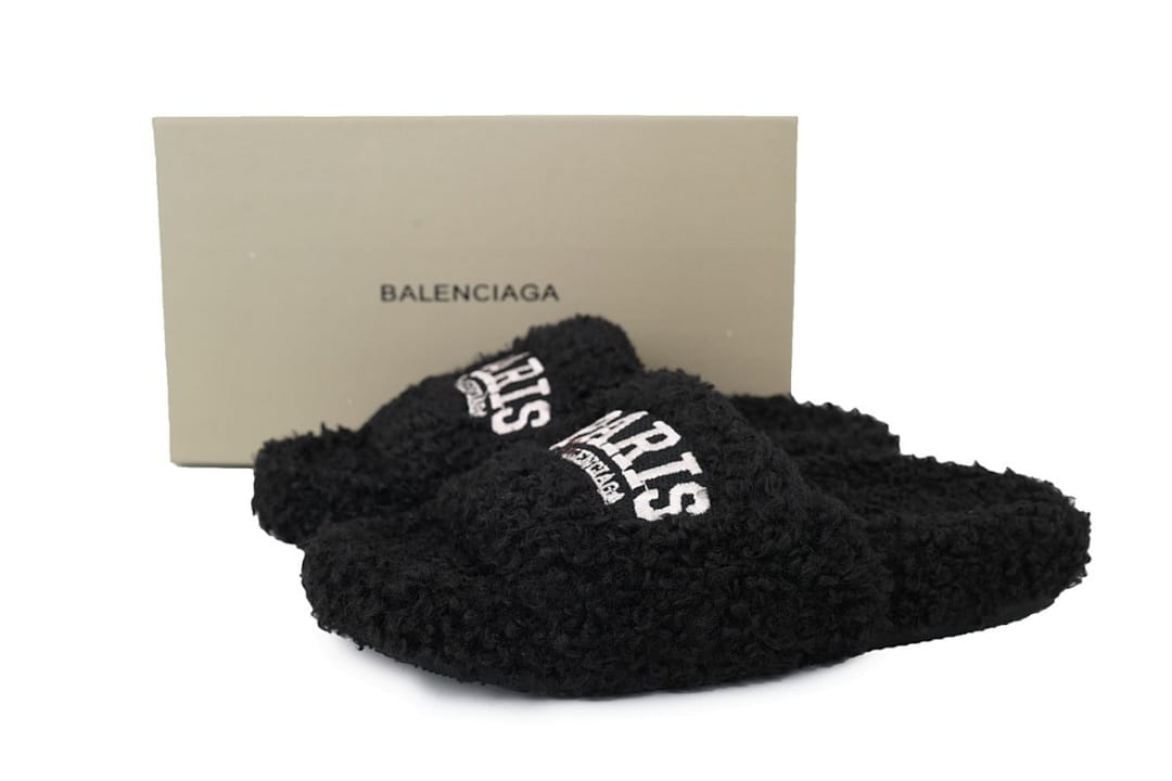 Balenciaga Wool Strap Slippers Black And White Label